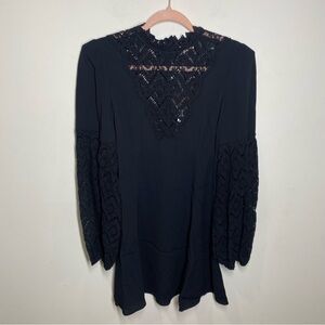by Timo Black Lace Neck Balloon Sleeve Swing Dress